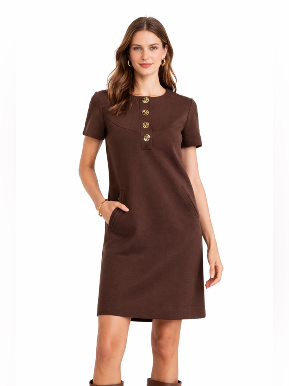 Tory‎ Burch Wool Blend Brown Gold Logo Button Neckline Short Sleeve Shift Dress
